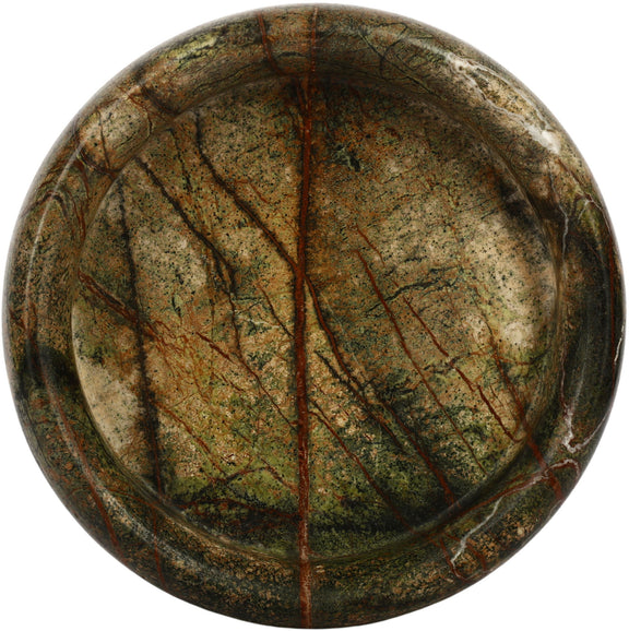 Marble tray, round dark green with brown veining and glossy natural finish.