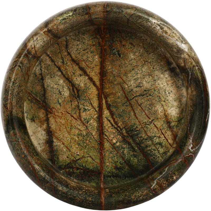 Marble tray, round dark green with brown veining and glossy natural finish.