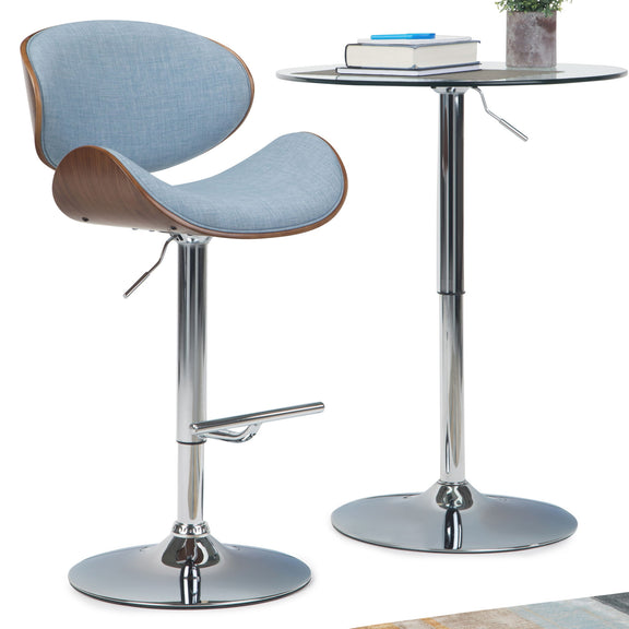 Light blue fabric swivel bar stool with curved bentwood shell and chrome base
