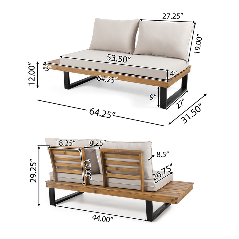 Outdoor sofa loveseat with beige cushions; teak-style slatted base and black legs