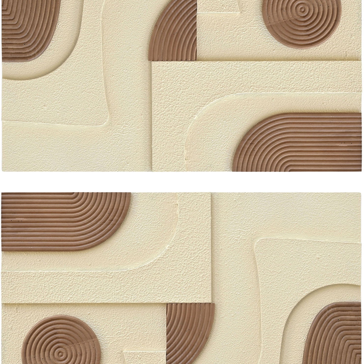 2-piece wall art set close-up: light brown concentric rings with cream embossed pattern