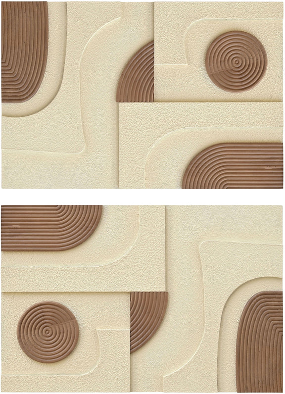 2-piece wall art set close-up: light brown concentric rings with cream embossed pattern