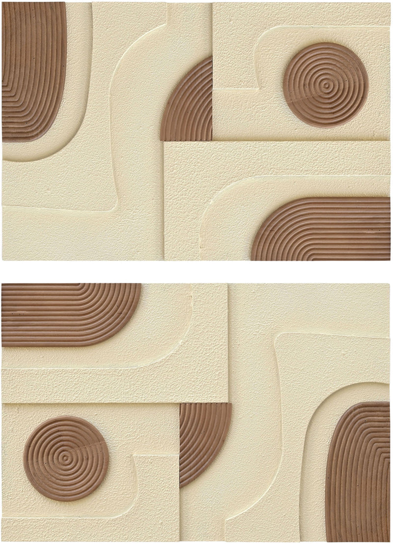 2-piece wall art set close-up: light brown concentric rings with cream embossed pattern