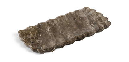 Gray travertine tray with scalloped edges and natural stone texture