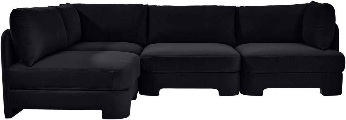Black velvet performance armless sectional sofa with deep padded seats