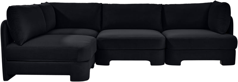 Black velvet performance armless sectional sofa with deep padded seats