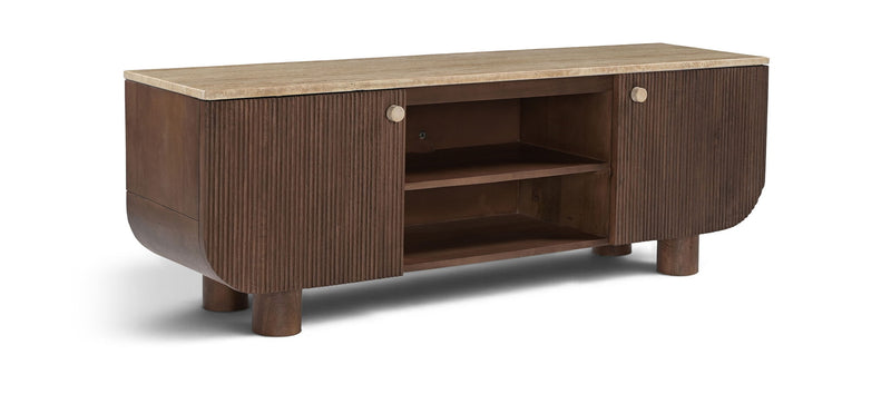 Light beige mango wood media console with open center shelf and two cabinet doors