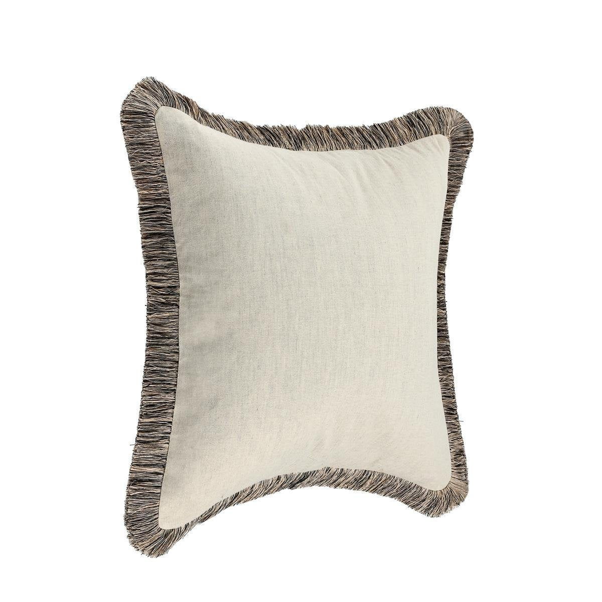 Natural linen square pillow with dark gray fringed border, angled view