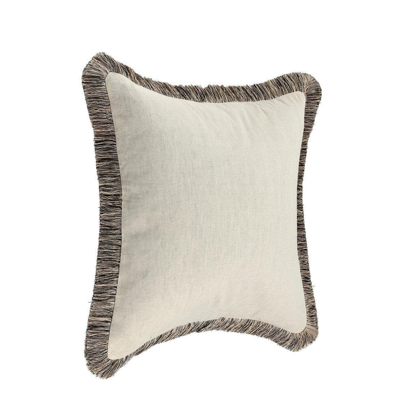 Natural linen square pillow with dark gray fringed border, angled view