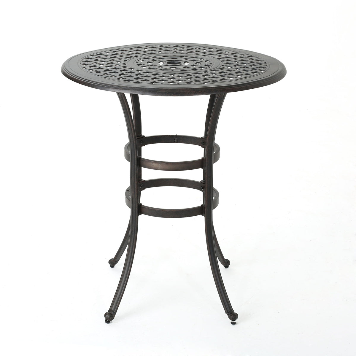 Traditional Style Cast Aluminum Bar Table With Lattice Design And Umbrella Holder - Bronze