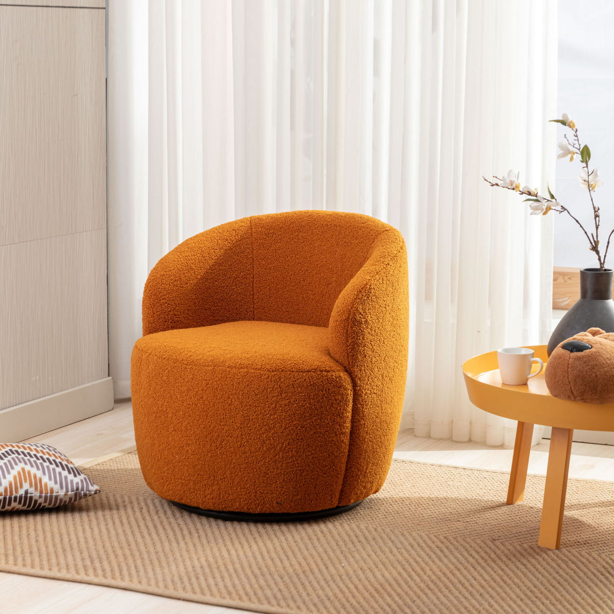 Teddy Fabric Swivel Accent Armchair Barrel Chair With Powder Coating Metal Ring