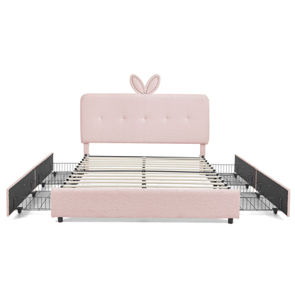 Upholstered Bed With Oversized Rabbit Ear Headboard, LED Lights & 4 Storage Drawers
