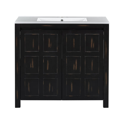 Bathroom sink vanity cabinet in dark brown with white countertop and 4 doors
