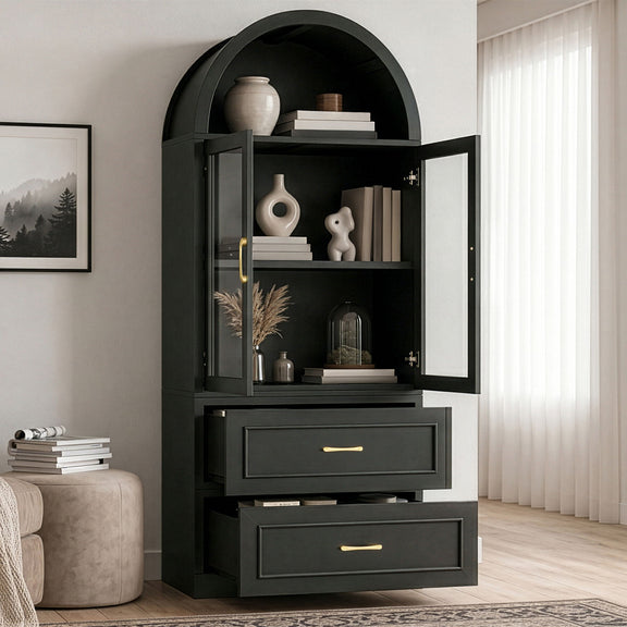 Black arched-top storage cabinet with open doors, two fixed shelves, and two drawers