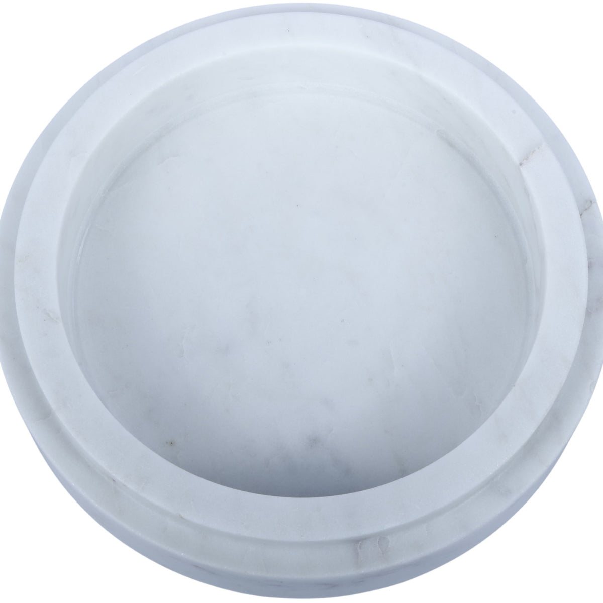 White marble bowl with smooth shallow interior and subtle stone veining.