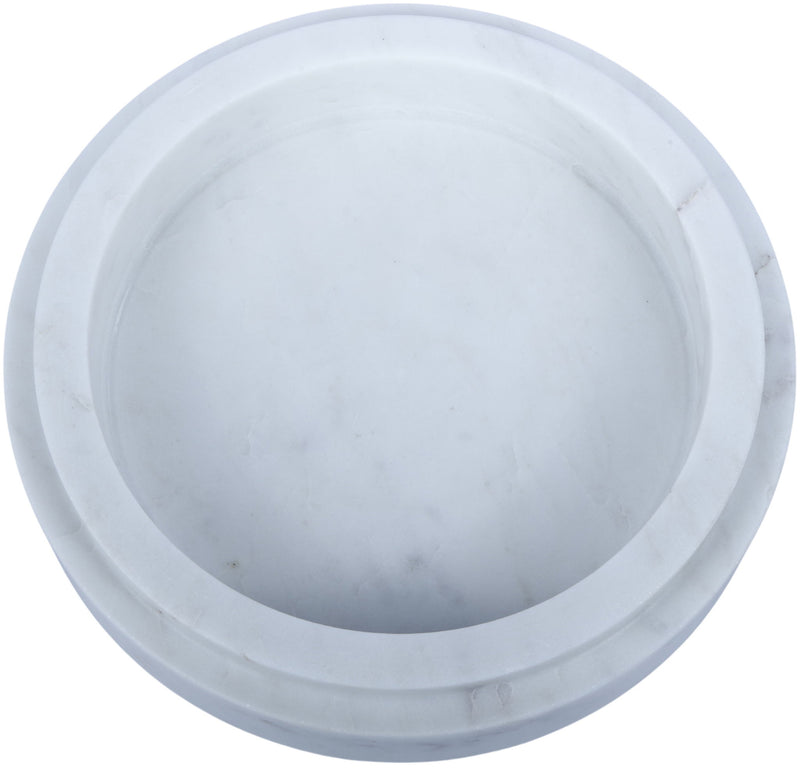 White marble bowl with smooth shallow interior and subtle stone veining.