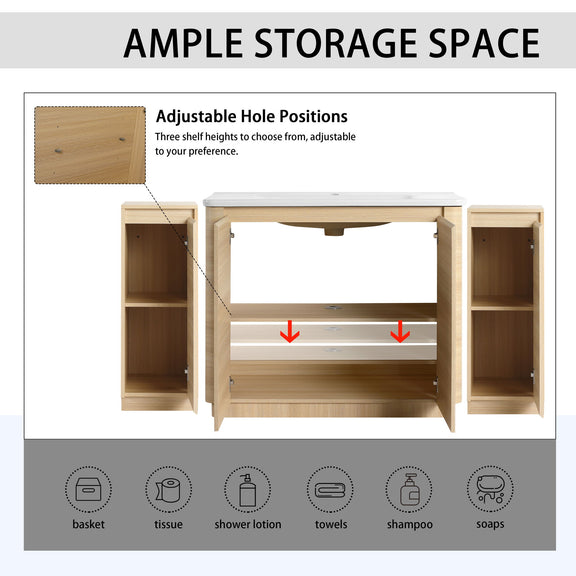 Light brown vanity with open side cabinets showing adjustable shelf holes inside