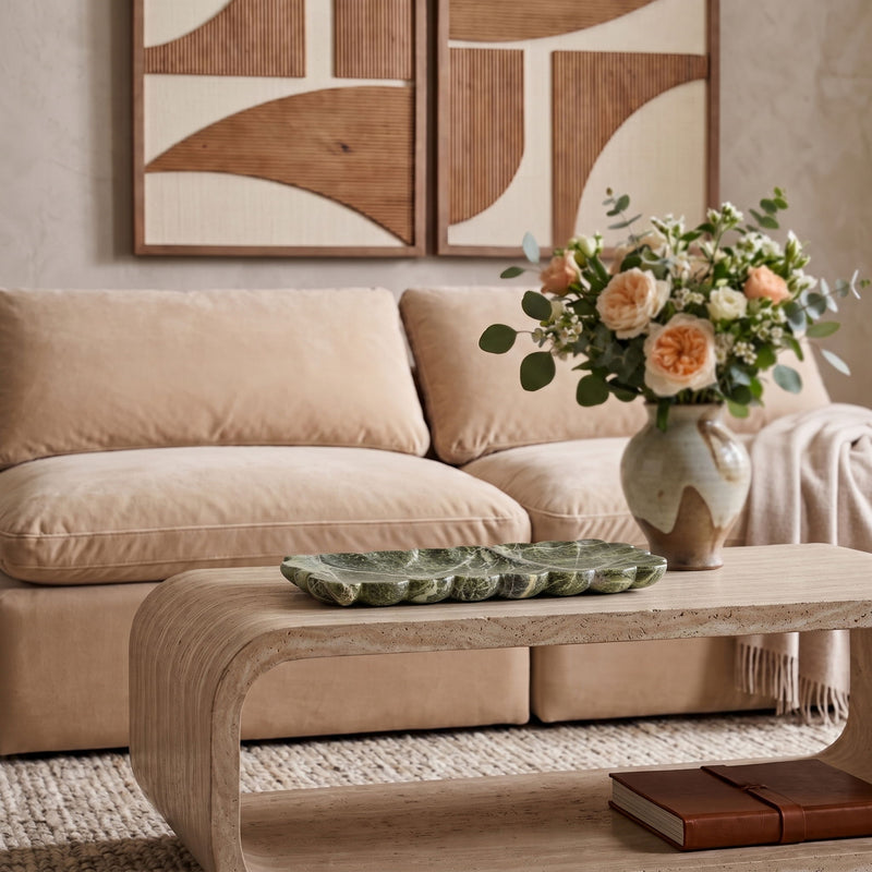 Genuine marble tray with scalloped edge, beige stone surface with natural veining
