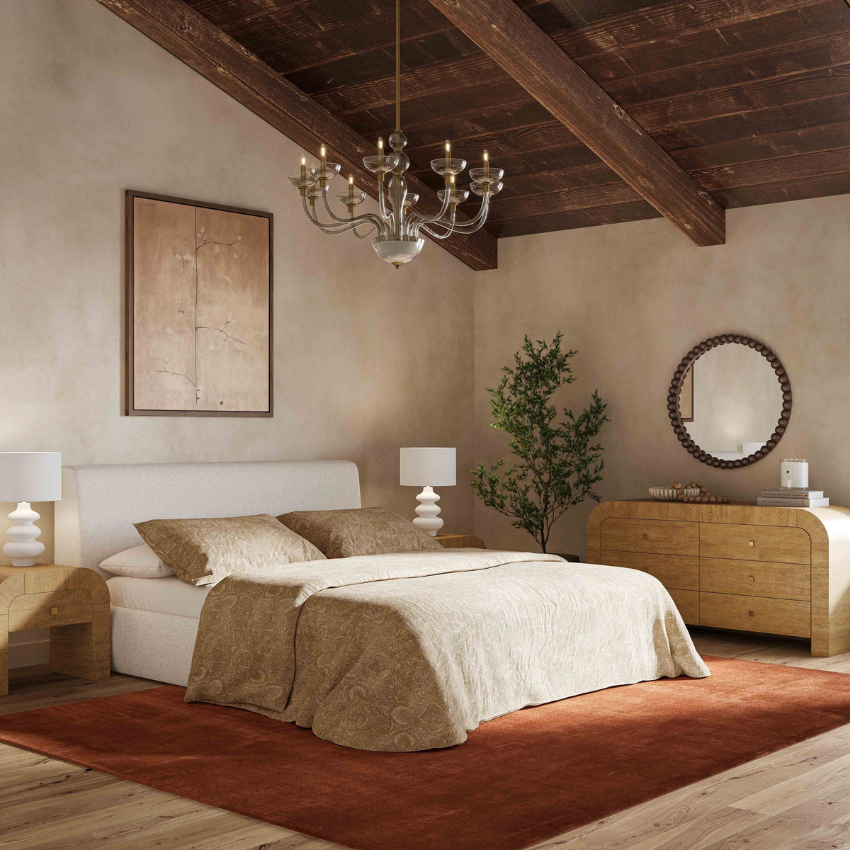 Light brown wooden nightstand with single drawer beside bed in bedroom