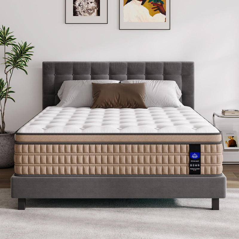 14" King Mattress Hotel Collection Hybrid Mattress With Gel Memory Foam & Pocket Springs - Brown / White