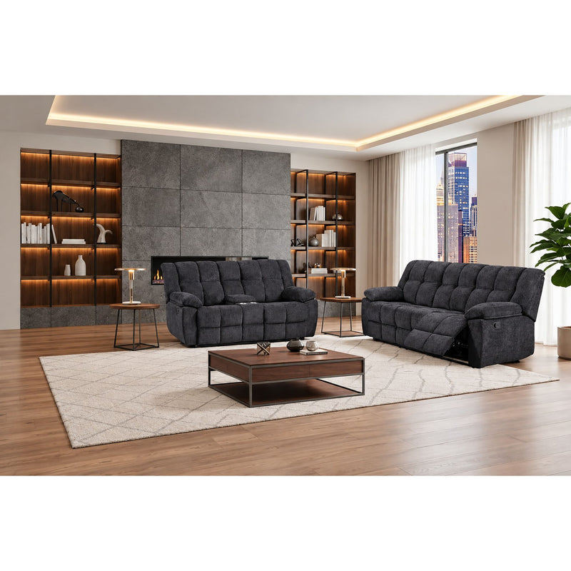 Gray reclining sofa set: padded loveseat and sofa with tufted cushions