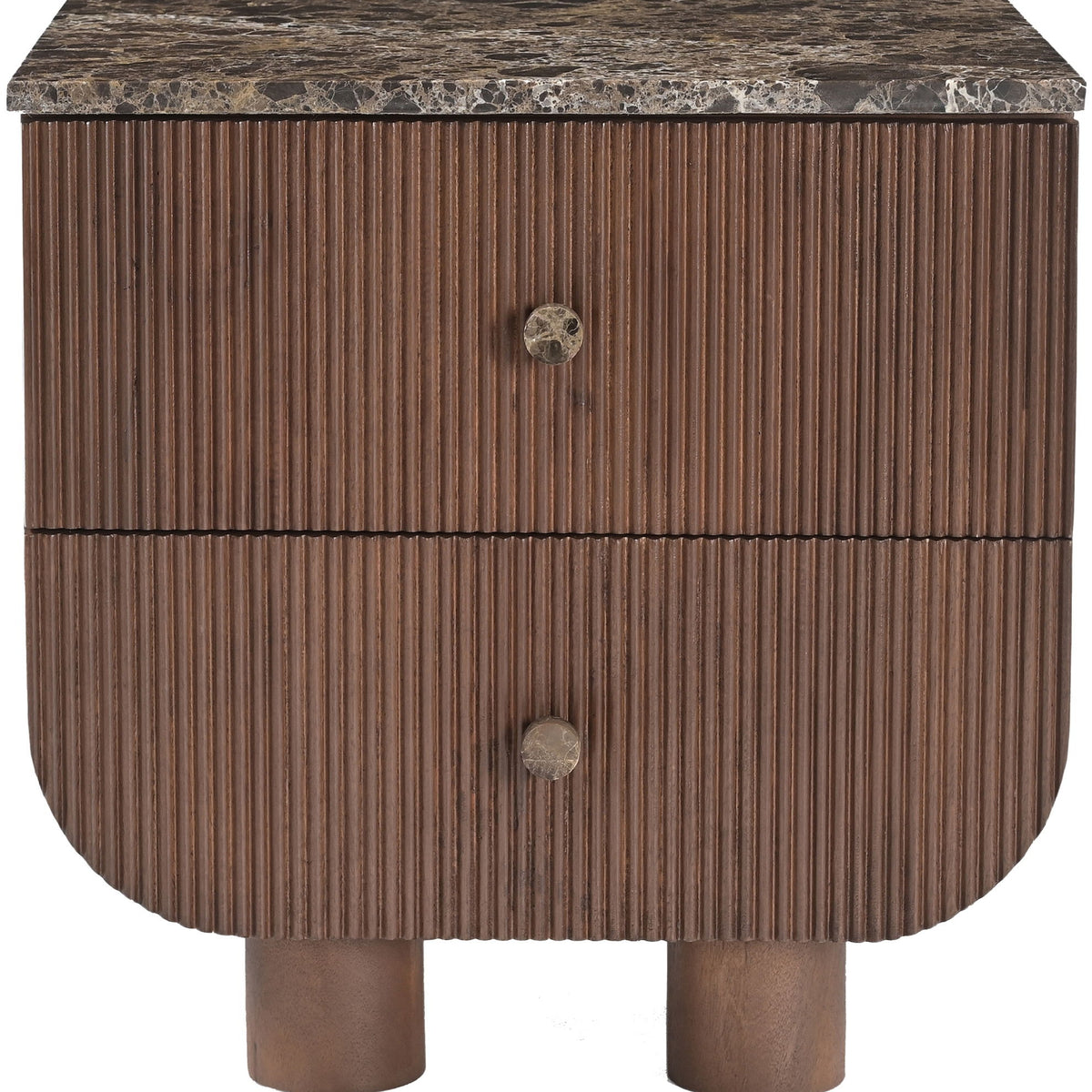 Mango wood nightstand with two drawers, speckled stone top, metal pull knobs