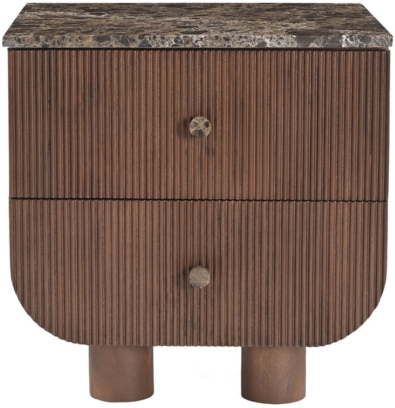 Mango wood nightstand with two drawers, speckled stone top, metal pull knobs