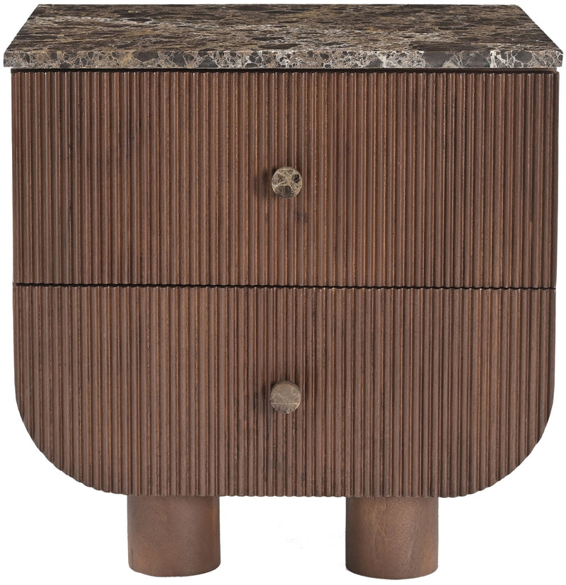 Mango wood nightstand with two drawers, speckled stone top, metal pull knobs