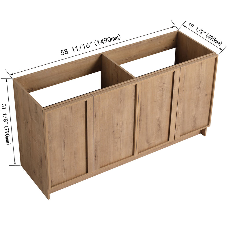 Freestanding bathroom vanity with four doors; top view with length and height measurements