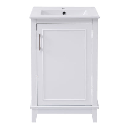 White small bathroom vanity cabinet with ceramic sink and one soft-close door