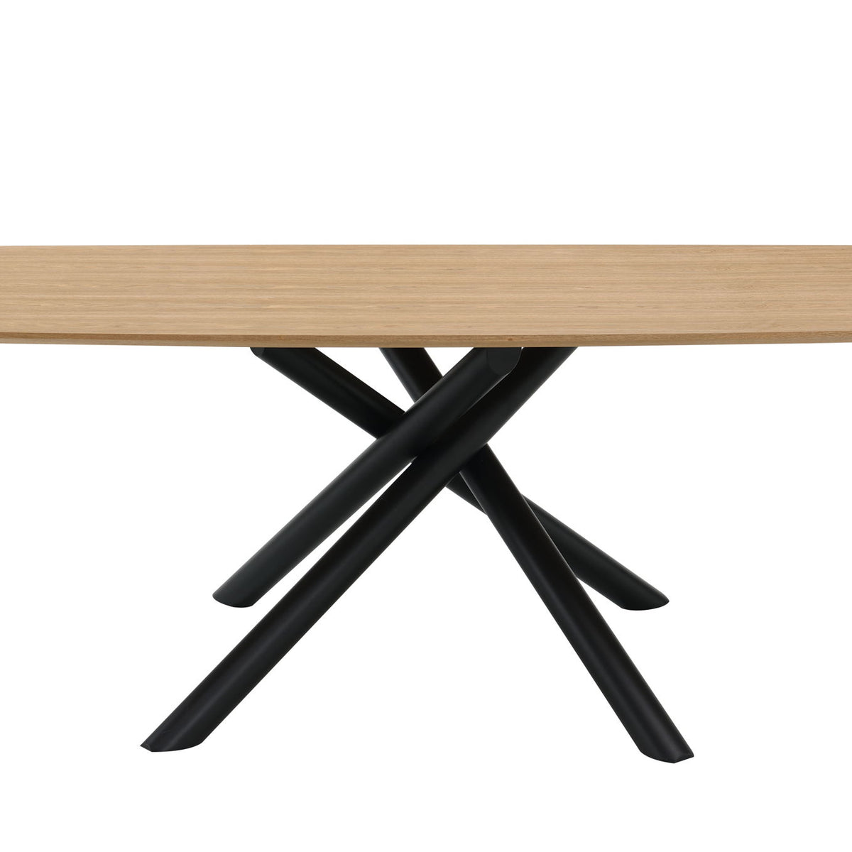 Light wood dining table with rounded edge and black crossed legs, close side view