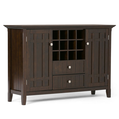 Dark brown sideboard buffet with open wine storage shelves and two drawer cabinets