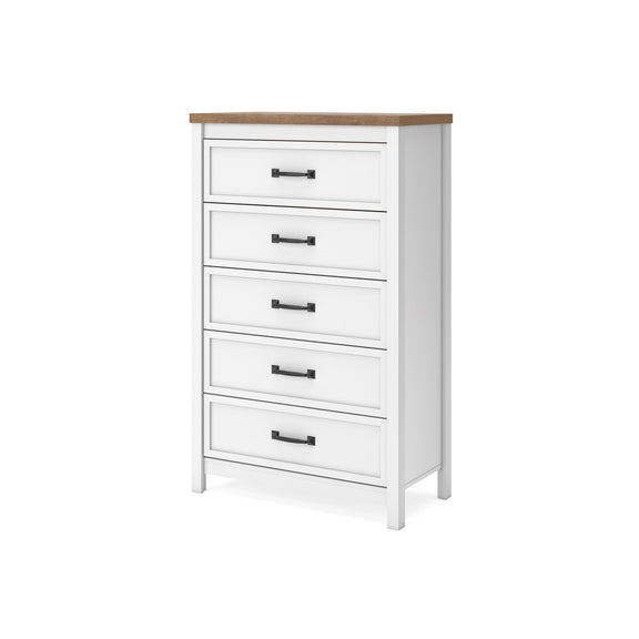 White five-drawer chest with brown top and black bar handles, full front