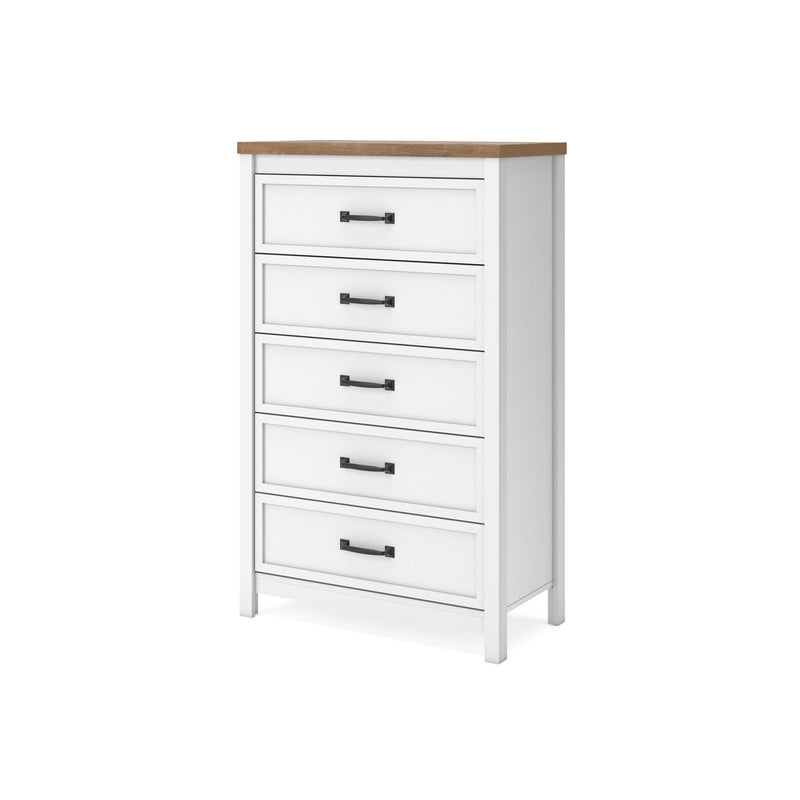 White five-drawer chest with brown top and black bar handles, full front