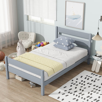 Twin Bed with Headboard and Footboard, Rubber Wood Bed, Grey
