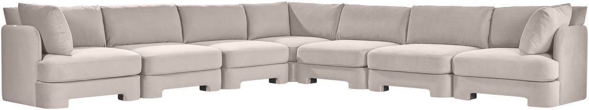 7-piece corner sectional sofa, light beige velvet upholstery, with seat and back cushions