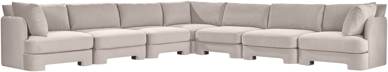 7-piece corner sectional sofa, light beige velvet upholstery, with seat and back cushions