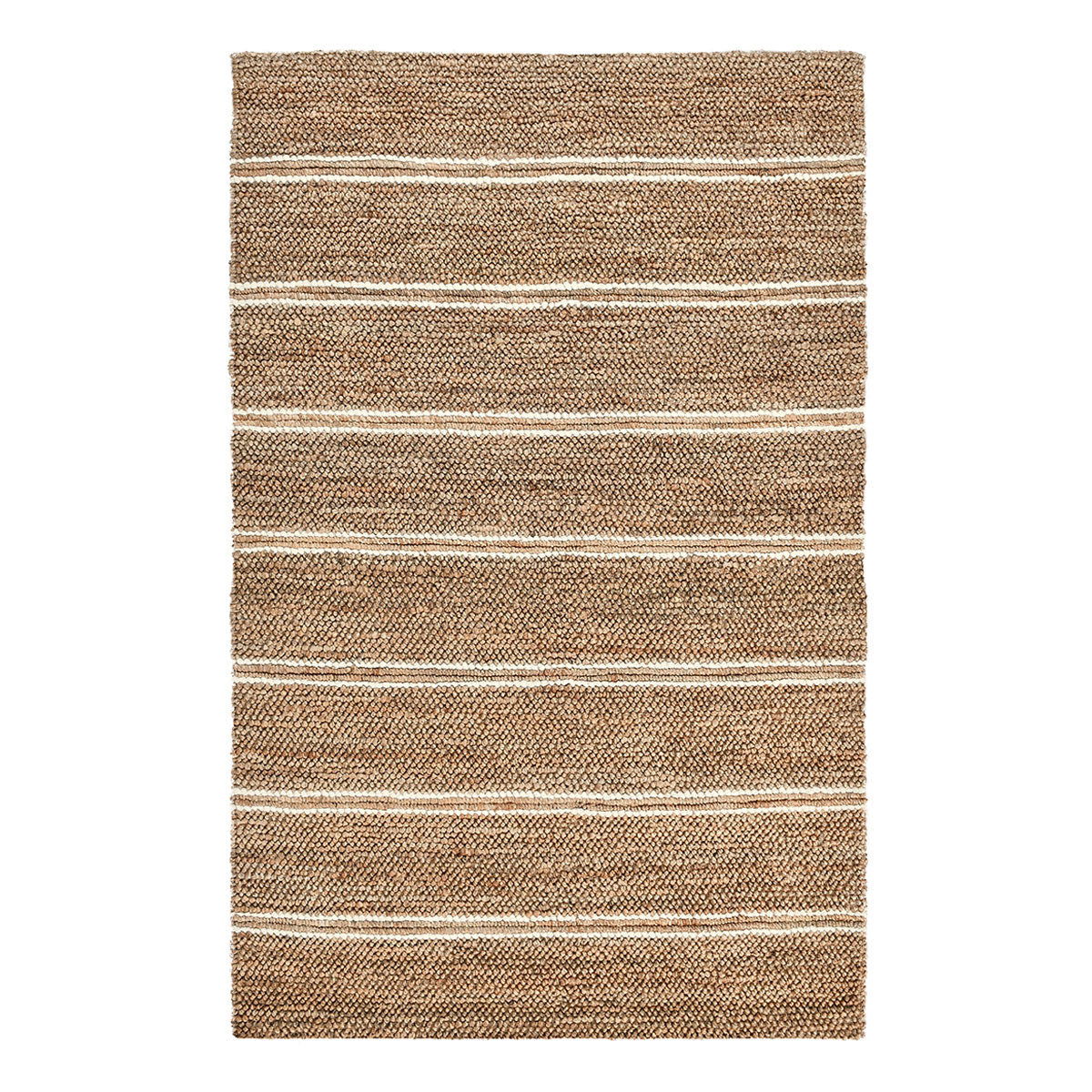 Light brown striped area rug with beige and blue horizontal lines