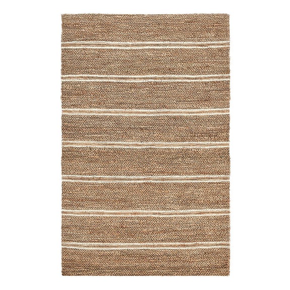 Light brown striped area rug with beige and blue horizontal lines