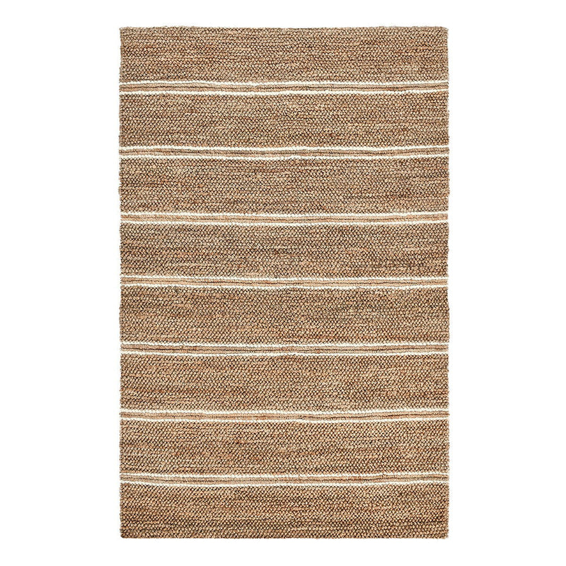 Light brown striped area rug with beige and blue horizontal lines