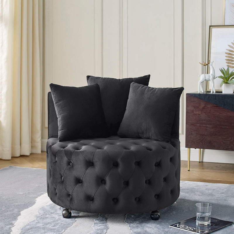 Modern Upholstered Swivel Chair With Button Tufted Design And Movable Wheels