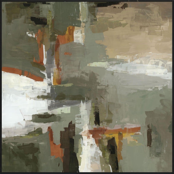Framed abstract painting with layered green-gray blocks, white highlights, and orange strokes