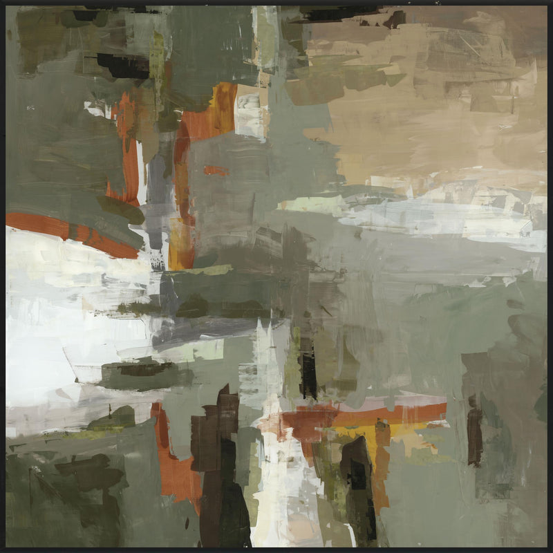 Framed abstract painting with layered green-gray blocks, white highlights, and orange strokes