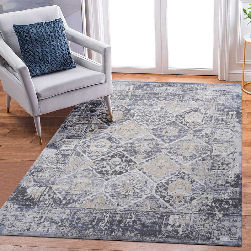 6' x 9' traditional area rug, gray and blue with distressed geometric motifs