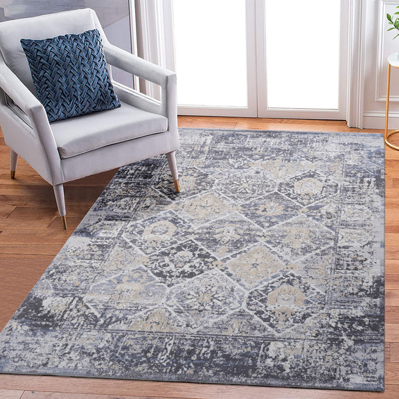 5x7 traditional area rug with gray and blue distressed geometric medallion pattern