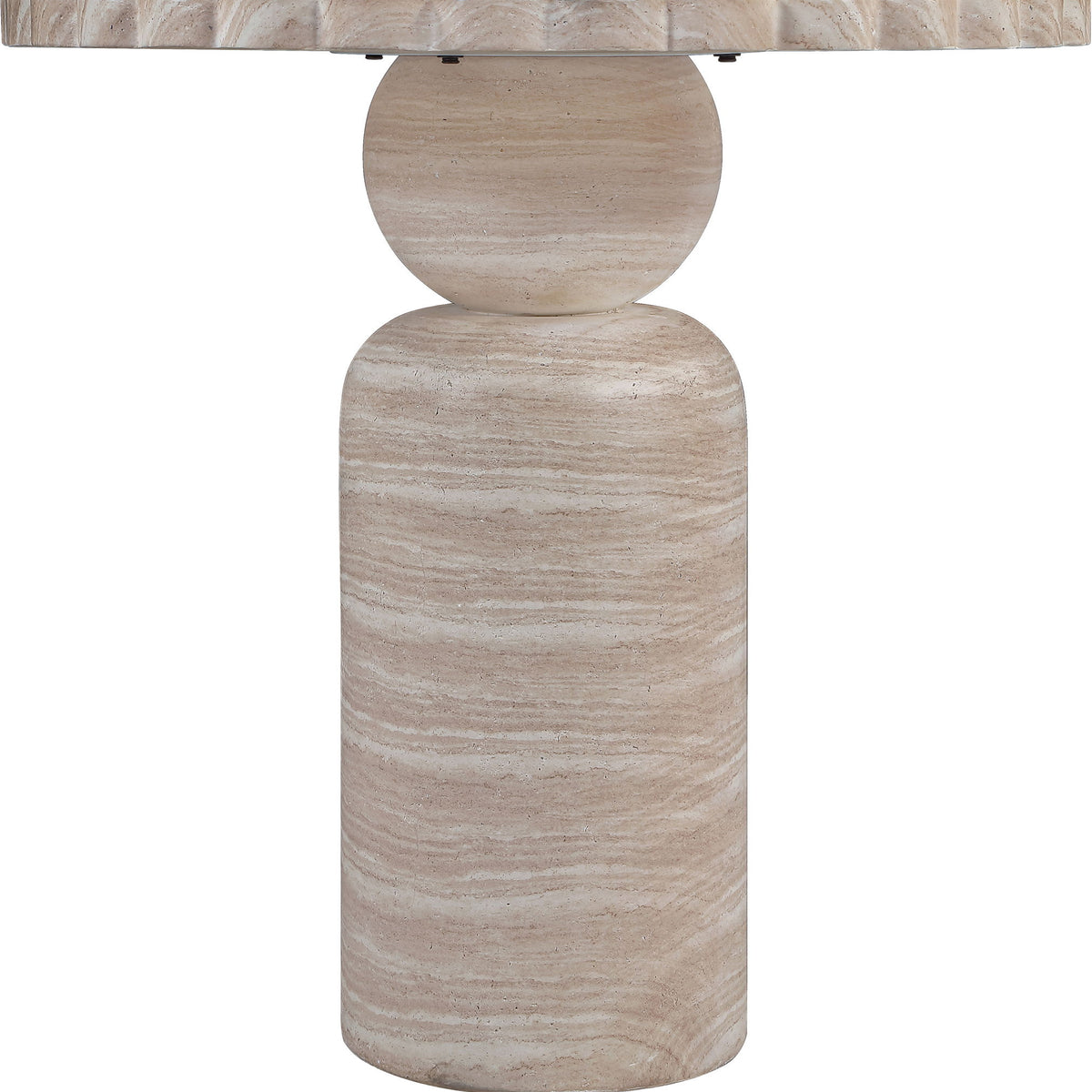 Beige round pedestal table base with wood-grain finish and scalloped top