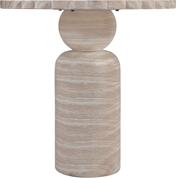 Beige round pedestal table base with wood-grain finish and scalloped top