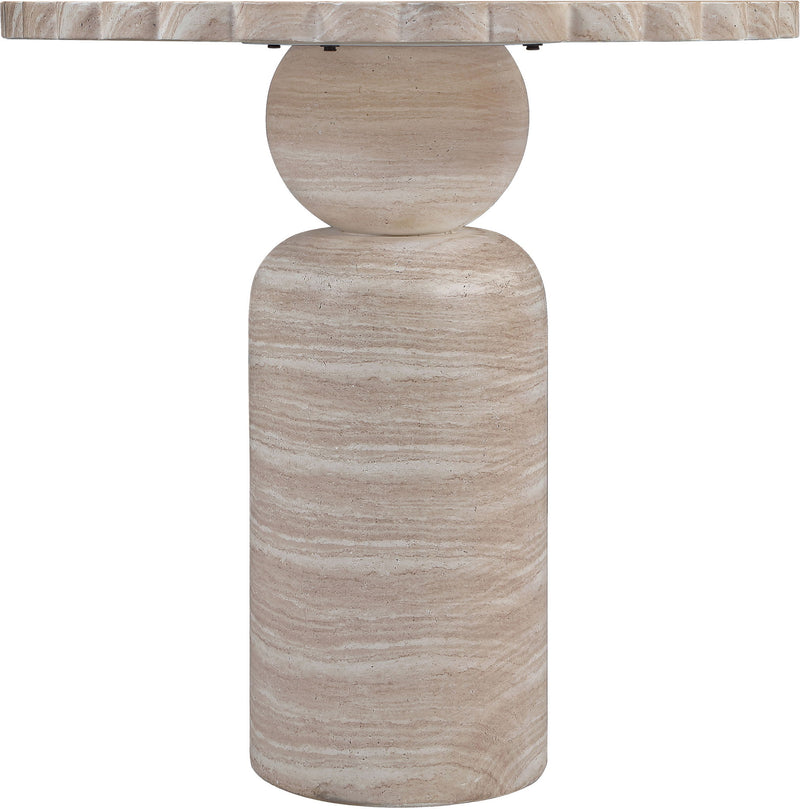 Beige round pedestal table base with wood-grain finish and scalloped top