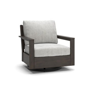 Swivel lounge chair with light gray cushions, dark brown frame, and straight arms