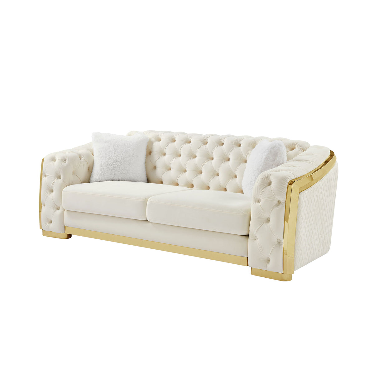 White 2-seater sofa with button-tufted diamond back, rolled arms, and 2 pillows